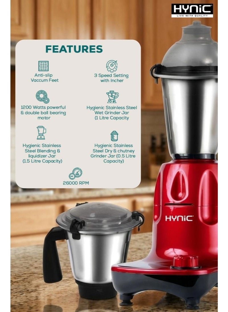 Hynic Kitchen King 3-in-1 Heavy Mixer Grinder | 1200W Powerful Copper Motor | 3 Stainless Steel Jars (1.5L Liquidiser, 1.0L Chutney, 0.5L Dry) | 3-Speed Control - Image 3